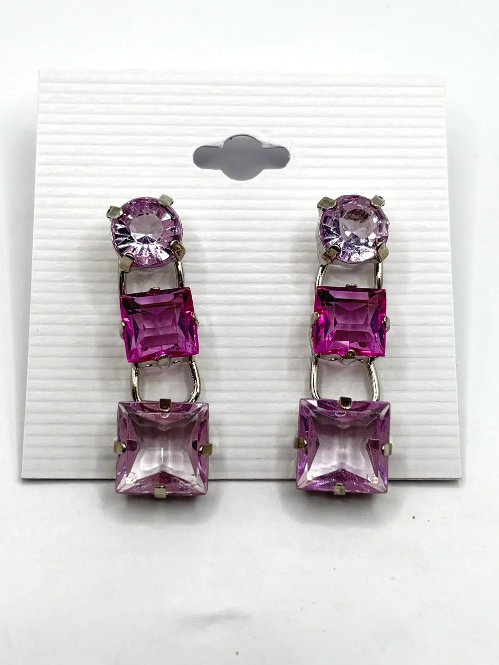 Tonal Purple Crystal Tiered Square Drop Earrings in Silver Tone